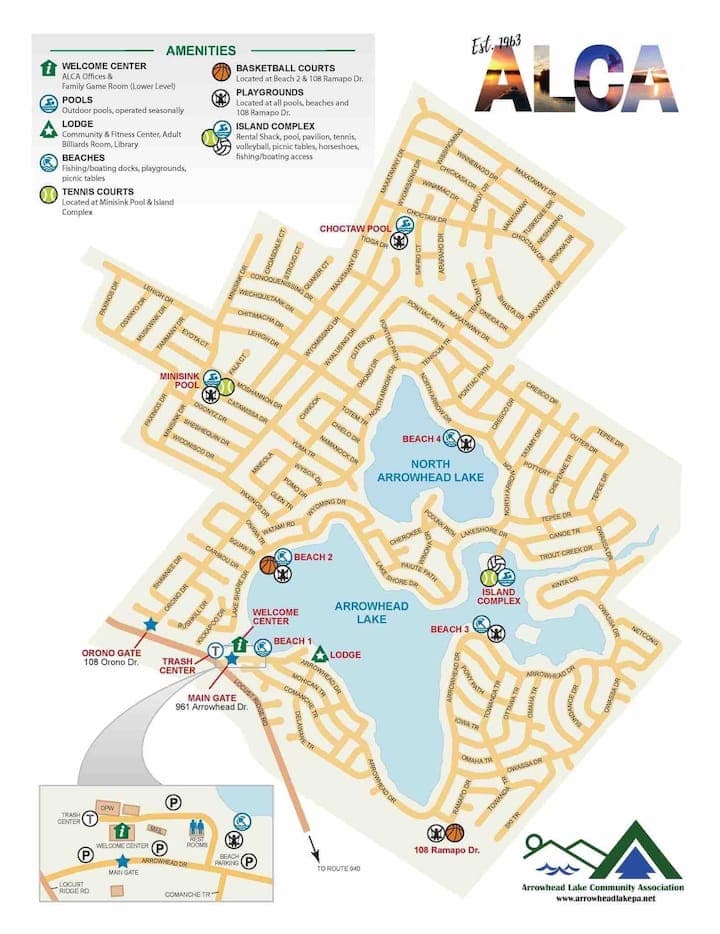 Map of the Arrowhead Lake community showing the four beaches, three pools, the tennis courts, playgrounds, the lodge and the main gate in relation to Arrowhead Lake