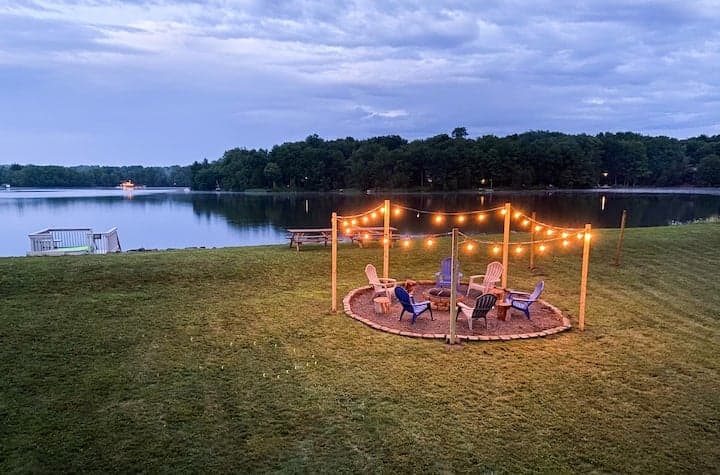 Firepit strung with party lights